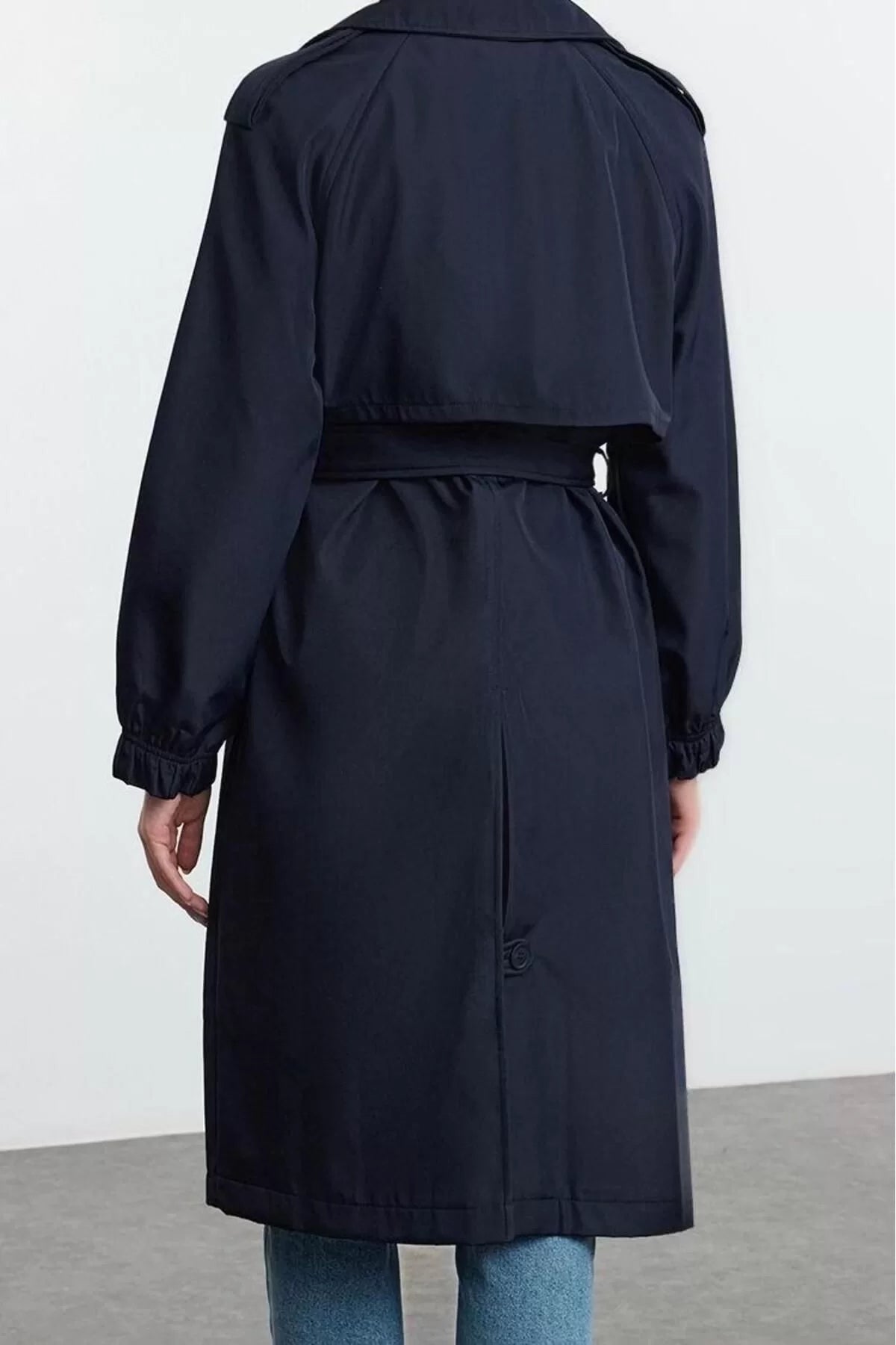 Design Plain Lined Collar Long Oversize Jacket Women Navy Blue Belted Oversize Long Trench Coat