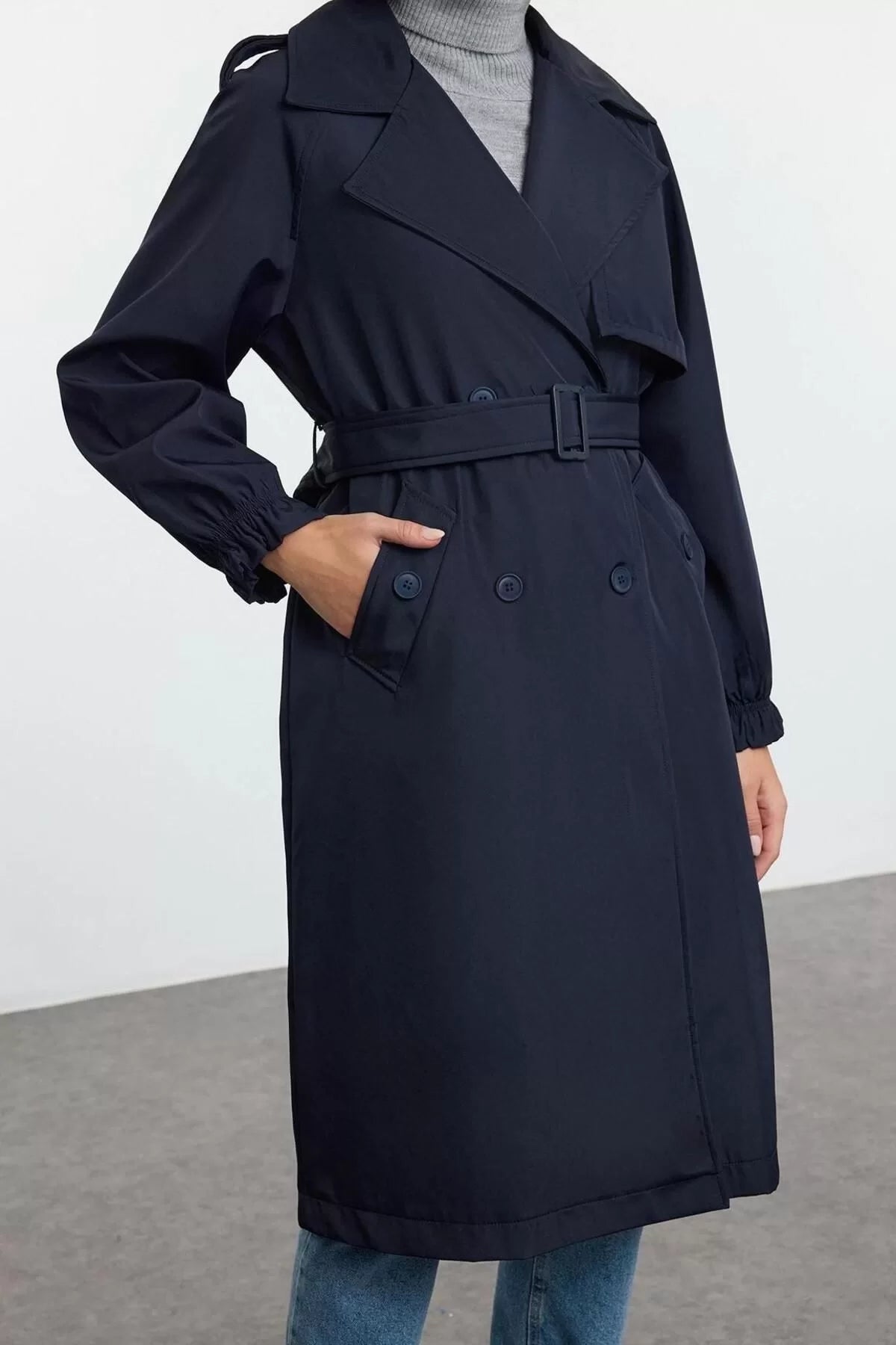 Design Plain Lined Collar Long Oversize Jacket Women Navy Blue Belted Oversize Long Trench Coat