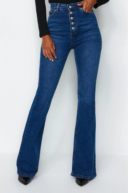 Style Women Fashion Denim Jeans Pants Long Wide Leg Front Button High Waist Jeans