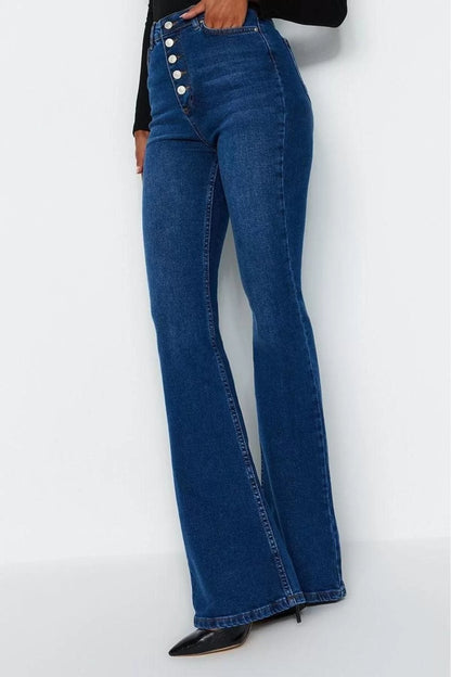 Style Women Fashion Denim Jeans Pants Long Wide Leg Front Button High Waist Jeans