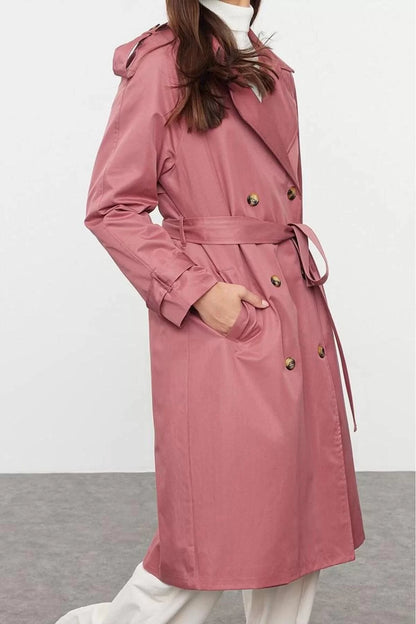 Design Plain Lined Collar Long Regular Jacket Women Belted Regular Water Repellent Trench Coat