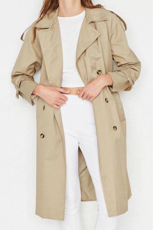 Design Plain Lined Collar Long Regular Jacket Women Belted Regular Water Repellent Trench Coat