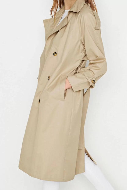 Design Plain Lined Collar Long Regular Jacket Women Belted Regular Water Repellent Trench Coat