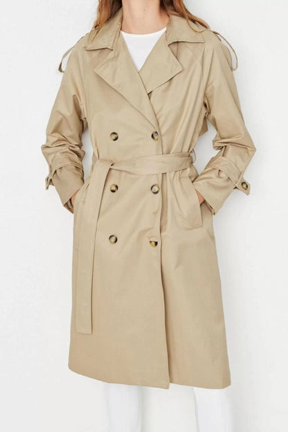 Design Plain Lined Collar Long Regular Jacket Women Belted Regular Water Repellent Trench Coat