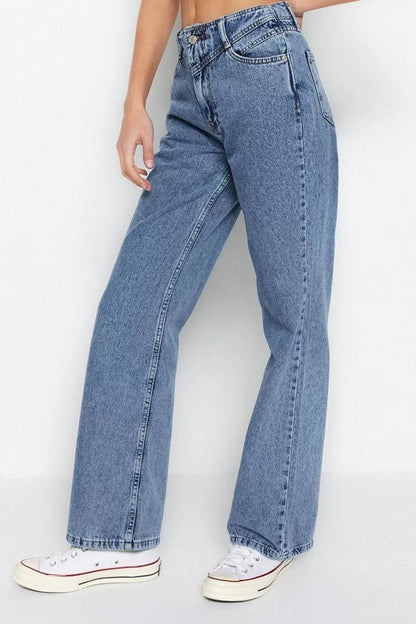 Style Women Fashion Denim Jeans Pants Regular Wide Leg Gray Waist Detail High Waist Jeans