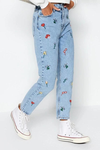 Style Women Fashion Denim Jeans Pants Regular Skinny Blue Embroidered High Waist Mom Jeans