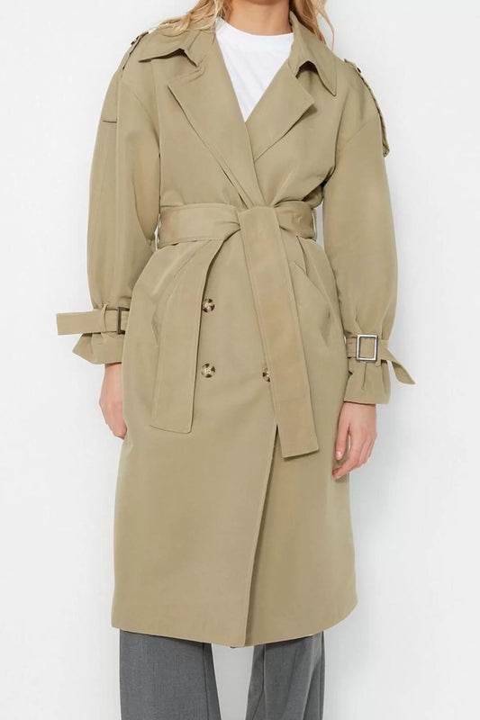 Design Plain Lined Collar Long Oversize Jacket Women Oversize Belted Trench Coat