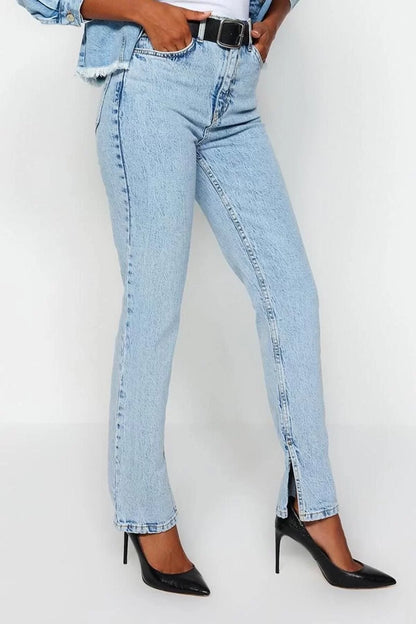 Style Women Fashion Denim Jeans Pants Long Straight Leg Slit High Waist Straight Jeans