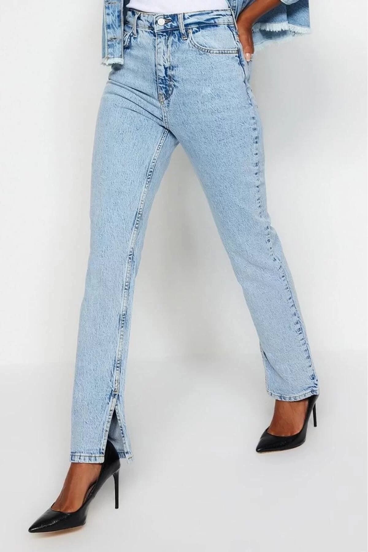 Style Women Fashion Denim Jeans Pants Long Straight Leg Slit High Waist Straight Jeans