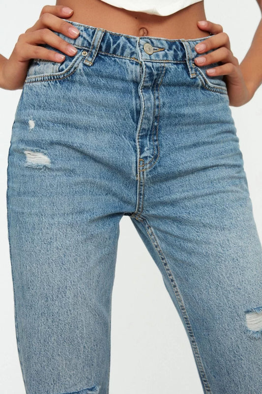 Style Women Fashion Denim Jeans Pants Regular Straight Leg Blue Ripped Detail High Waist Jeans