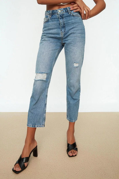 Style Women Fashion Denim Jeans Pants Regular Straight Leg Blue Ripped Detail High Waist Jeans