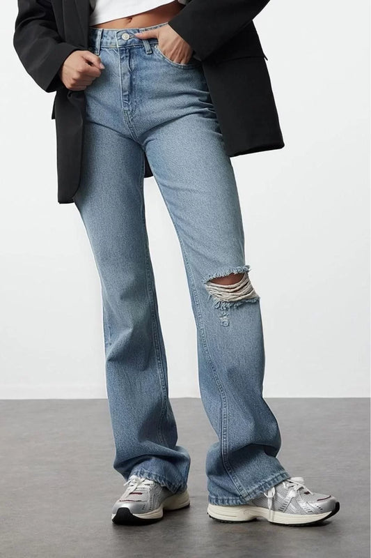 Style Women Fashion Denim Jeans Long Flared Blue Ripped Detail High Waist Jeans