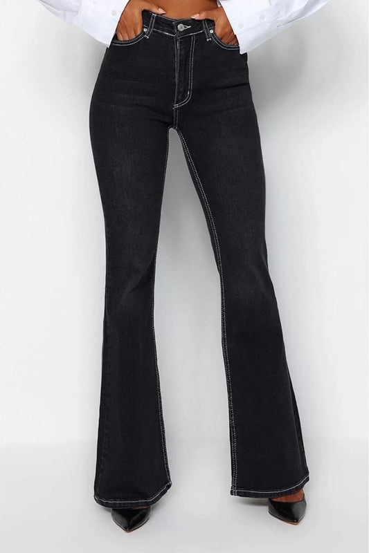 Style Women Fashion Denim Jeans Long Flared Leg High Waist Jeans