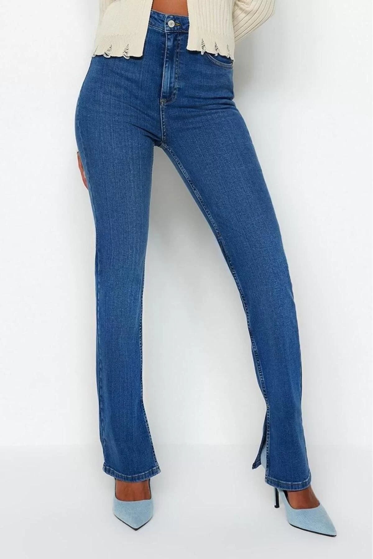 Style Women Fashion Denim Jeans Pants Long Straight Leg Slit Super High Waist Slim Jeans