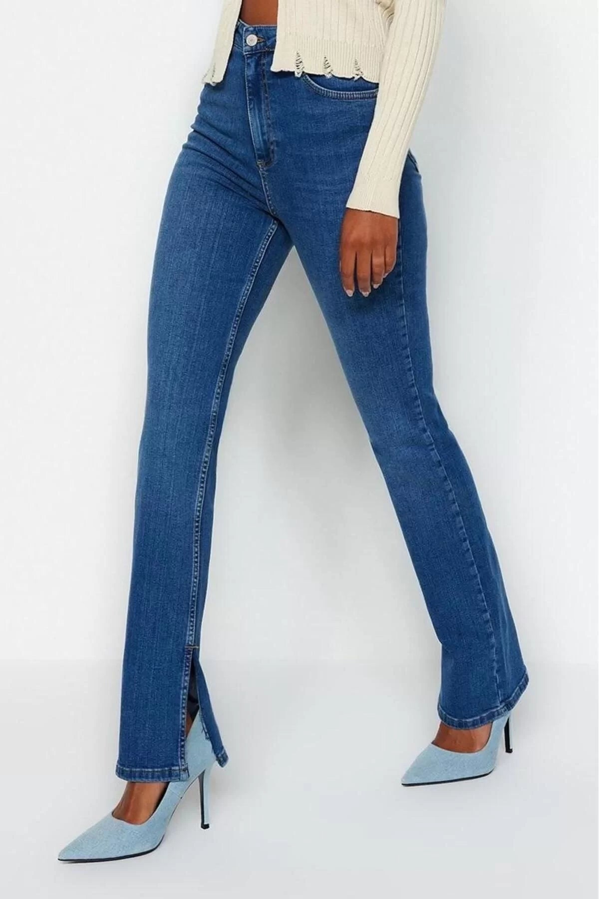 Style Women Fashion Denim Jeans Pants Long Straight Leg Slit Super High Waist Slim Jeans