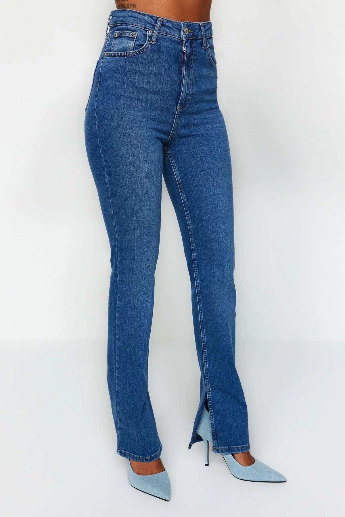 Style Women Fashion Denim Jeans Pants Long Straight Leg Slit Super High Waist Slim Jeans