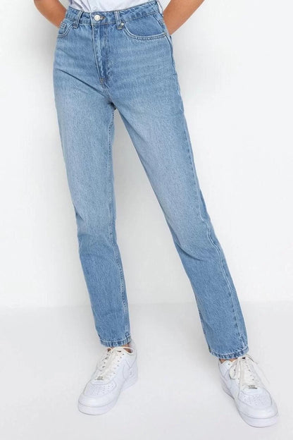 Style Women Fashion Denim Jeans Pants Regular Straight Leg Blue High Waist Straight Jeans