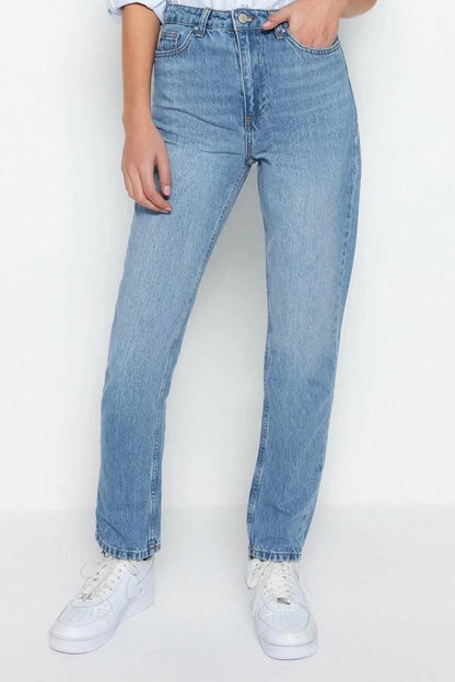 Style Women Fashion Denim Jeans Pants Regular Straight Leg Blue High Waist Straight Jeans