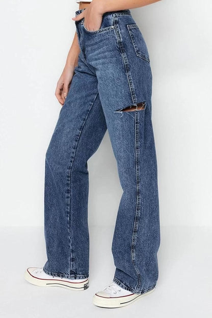 Style Women Fashion Denim Jeans Pants Long Wide Leg Ripped High Waist Jeans