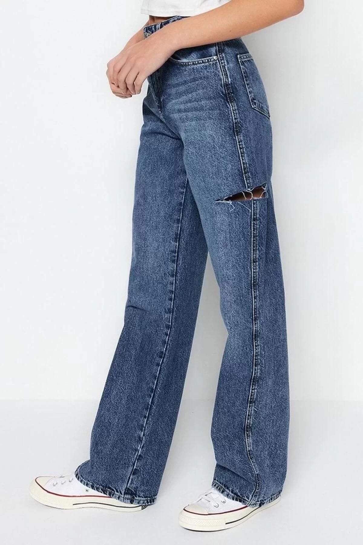 Style Women Fashion Denim Jeans Pants Long Wide Leg Ripped High Waist Jeans