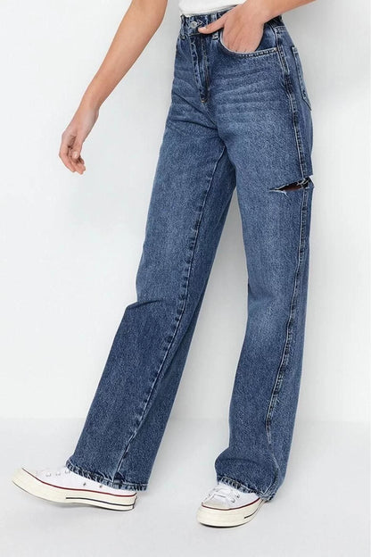 Style Women Fashion Denim Jeans Pants Long Wide Leg Ripped High Waist Jeans