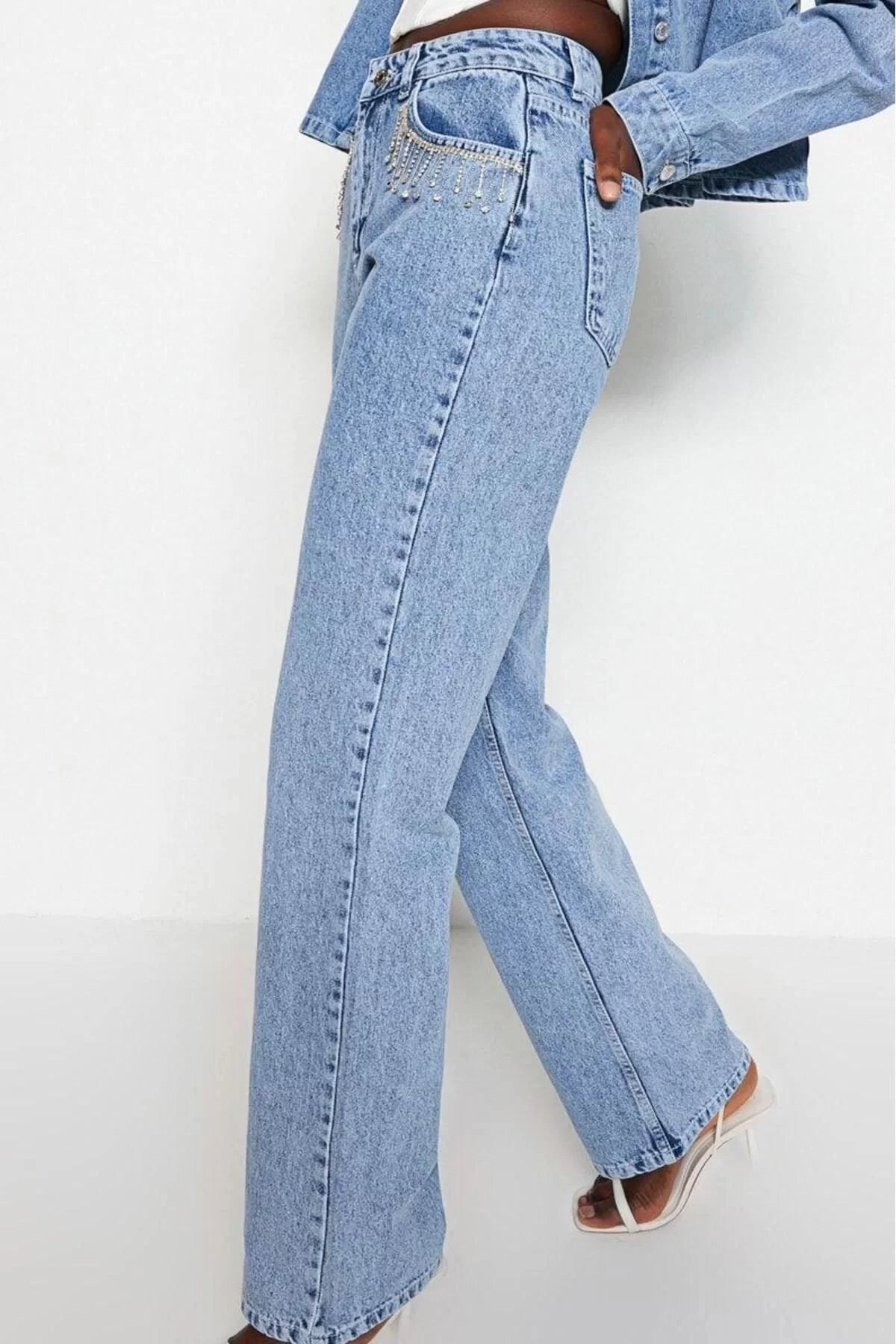 Style Women Fashion Denim Jeans Long Wide Leg Blue Accessory Detailed High Waist Jeans