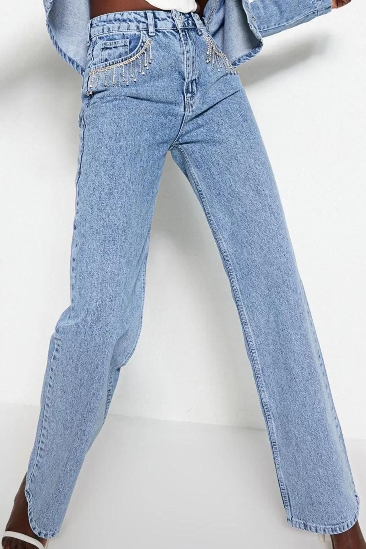 Style Women Fashion Denim Jeans Long Wide Leg Blue Accessory Detailed High Waist Jeans