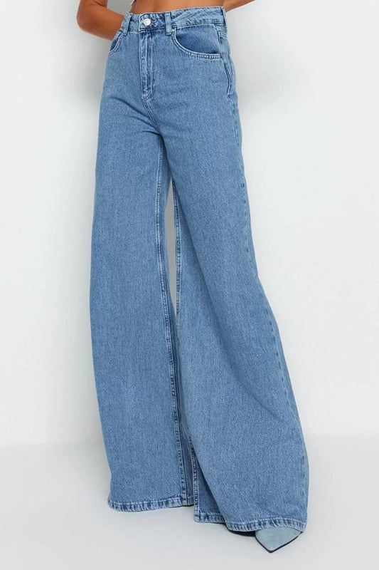 Style Women Fashion Denim Jeans Pants Long Wide Leg Blue High Waist Extra Palazzo Jeans