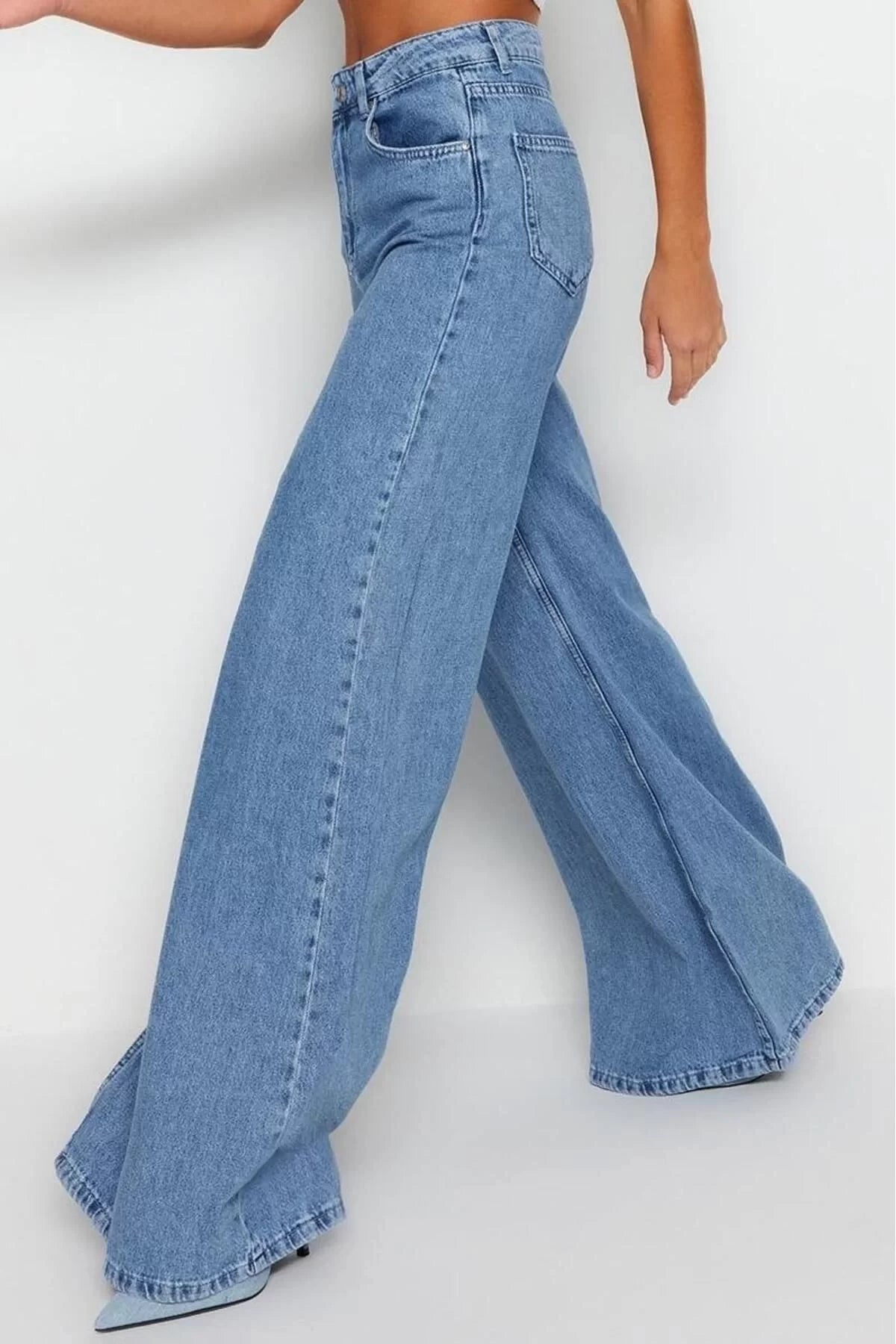 Style Women Fashion Denim Jeans Pants Long Wide Leg Blue High Waist Extra Palazzo Jeans