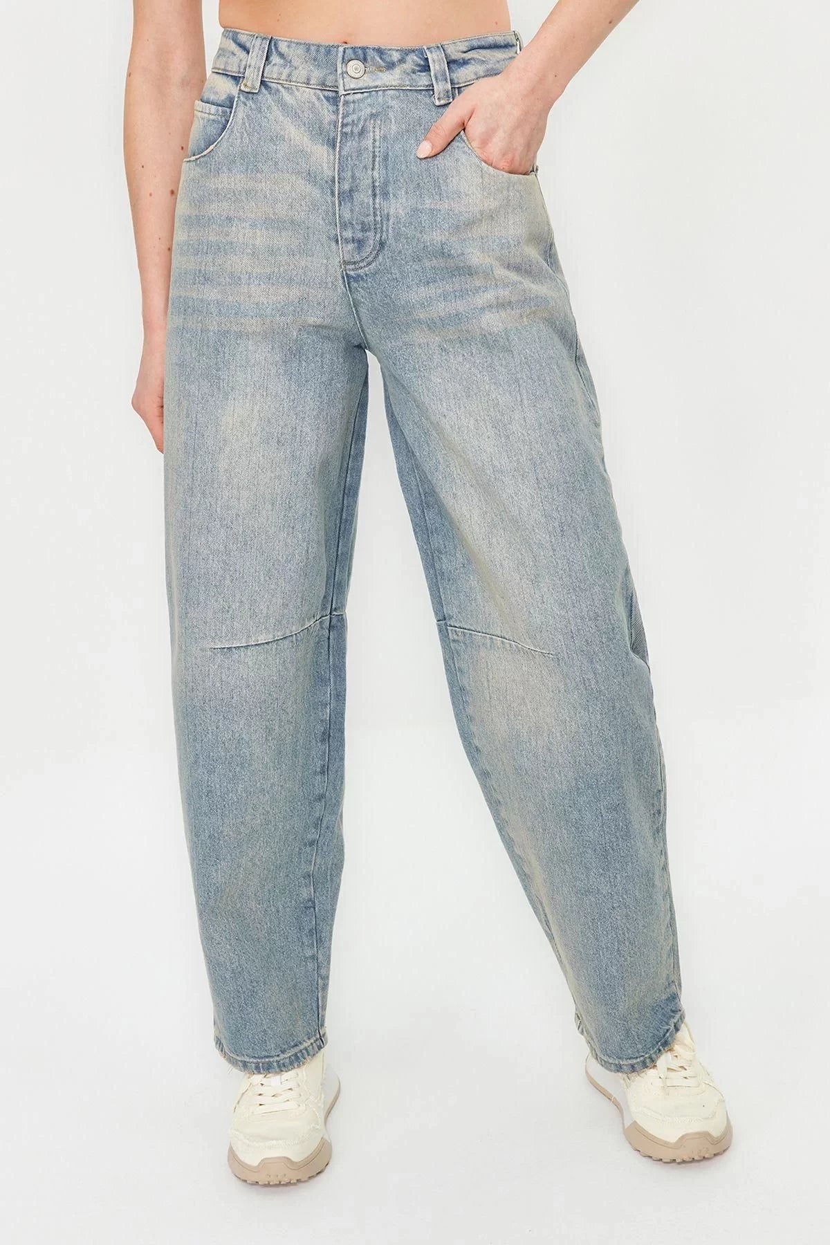 Style Women Fashion Denim Jeans Pants Regular Wide Leg Blue Stitching Detail High Waist Jeans