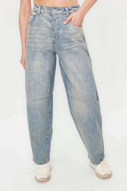 Style Women Fashion Denim Jeans Pants Regular Wide Leg Blue Stitching Detail High Waist Jeans