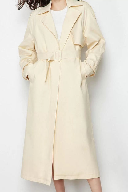 Design Plain Lined Collar Long Oversize Jacket Women Oversize Wide Cut Belted Cotton Trench Coat