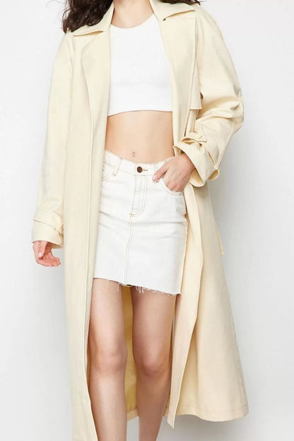 Design Plain Lined Collar Long Oversize Jacket Women Oversize Wide Cut Belted Cotton Trench Coat