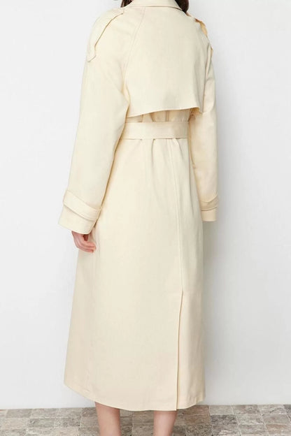 Design Plain Lined Collar Long Oversize Jacket Women Oversize Wide Cut Belted Cotton Trench Coat