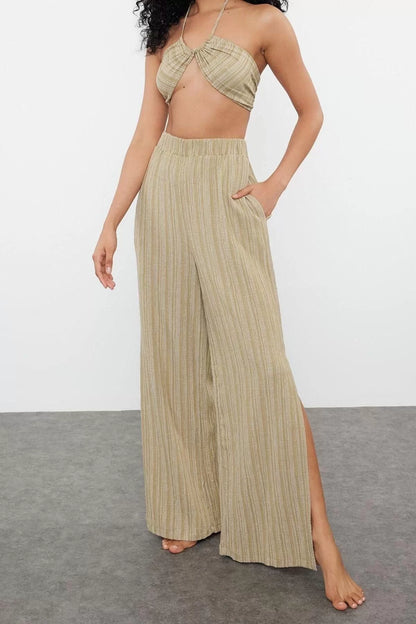 Fashion Woven Plain Halter Neck Strapless Beach Ecru Woven Linen Blend Blouse Trouser Set