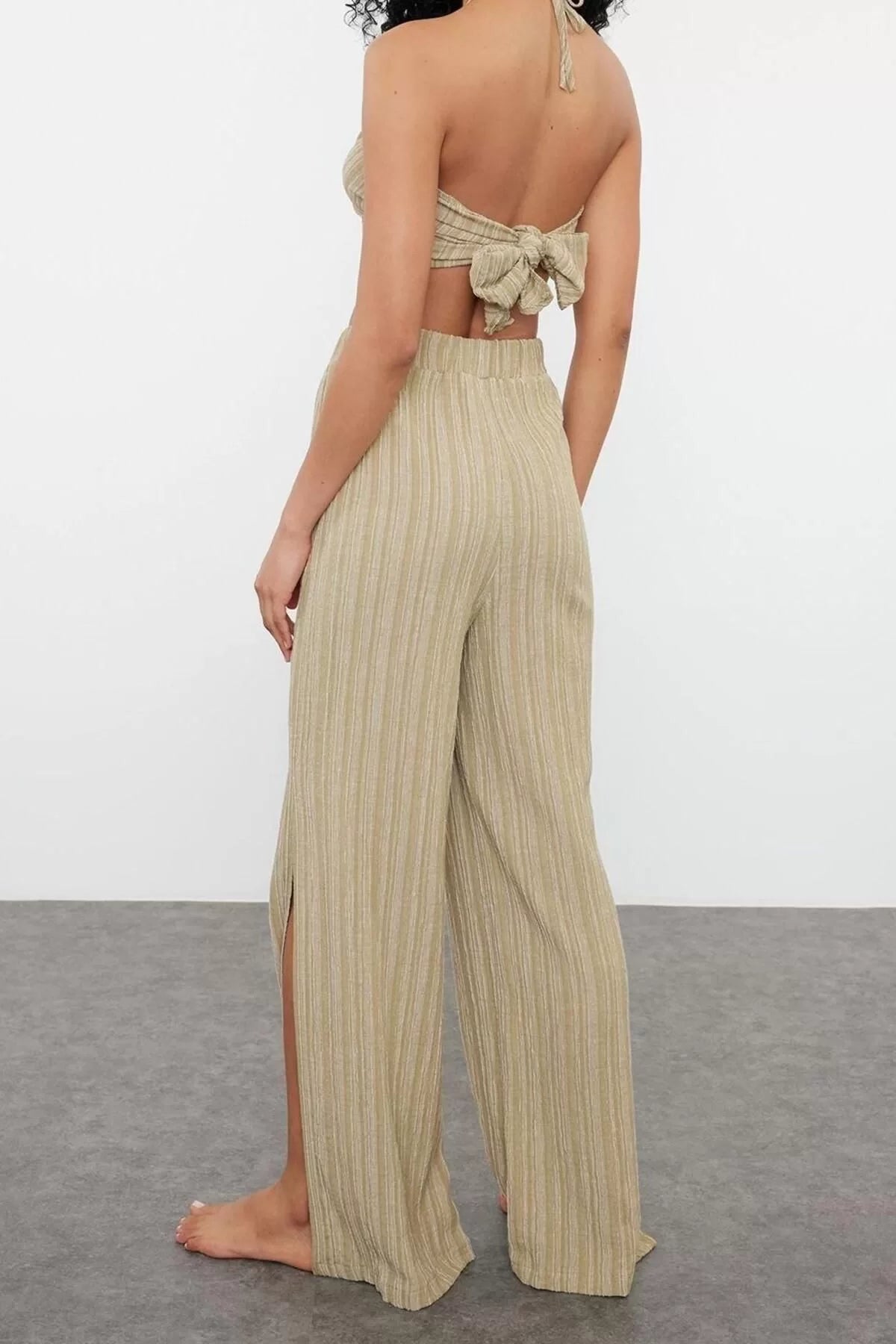 Fashion Woven Plain Halter Neck Strapless Beach Ecru Woven Linen Blend Blouse Trouser Set