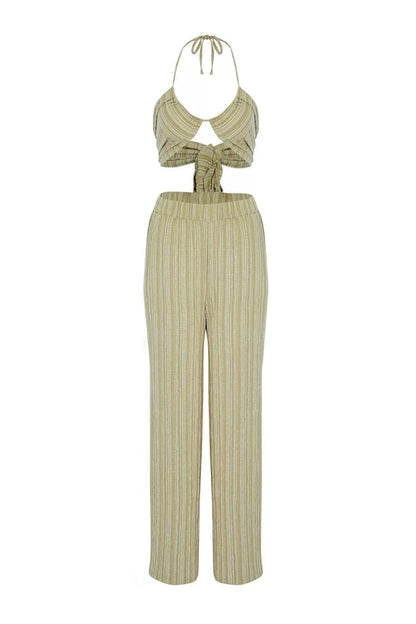 Fashion Woven Plain Halter Neck Strapless Beach Ecru Woven Linen Blend Blouse Trouser Set