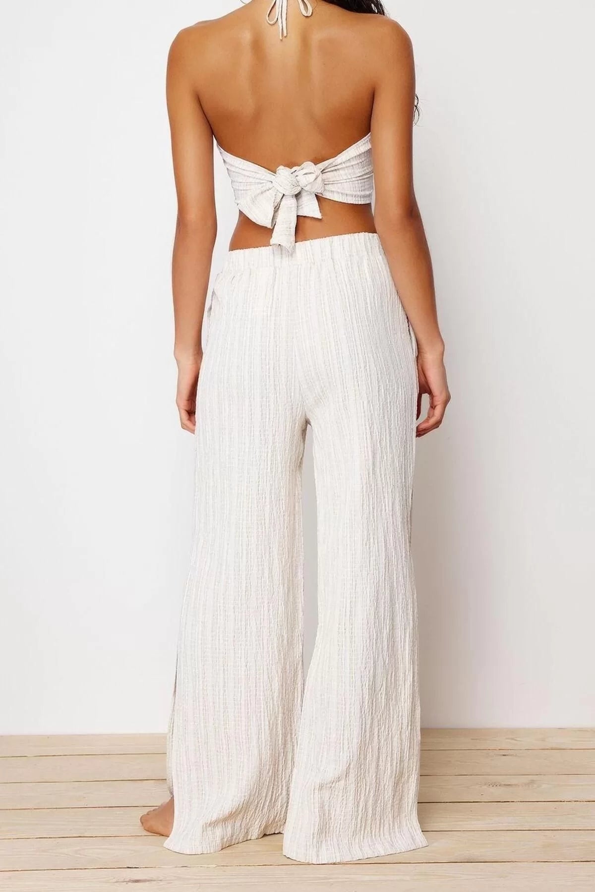 Fashion Woven Plain Halter Neck Strapless Beach Ecru Woven Linen Blend Blouse Trouser Set