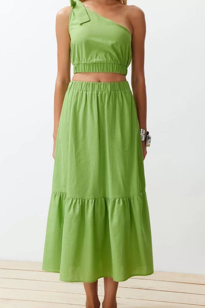 Fashion Woven Plain Halter Strapless Beach Green Woven One Shoulder Blouse Skirt Set