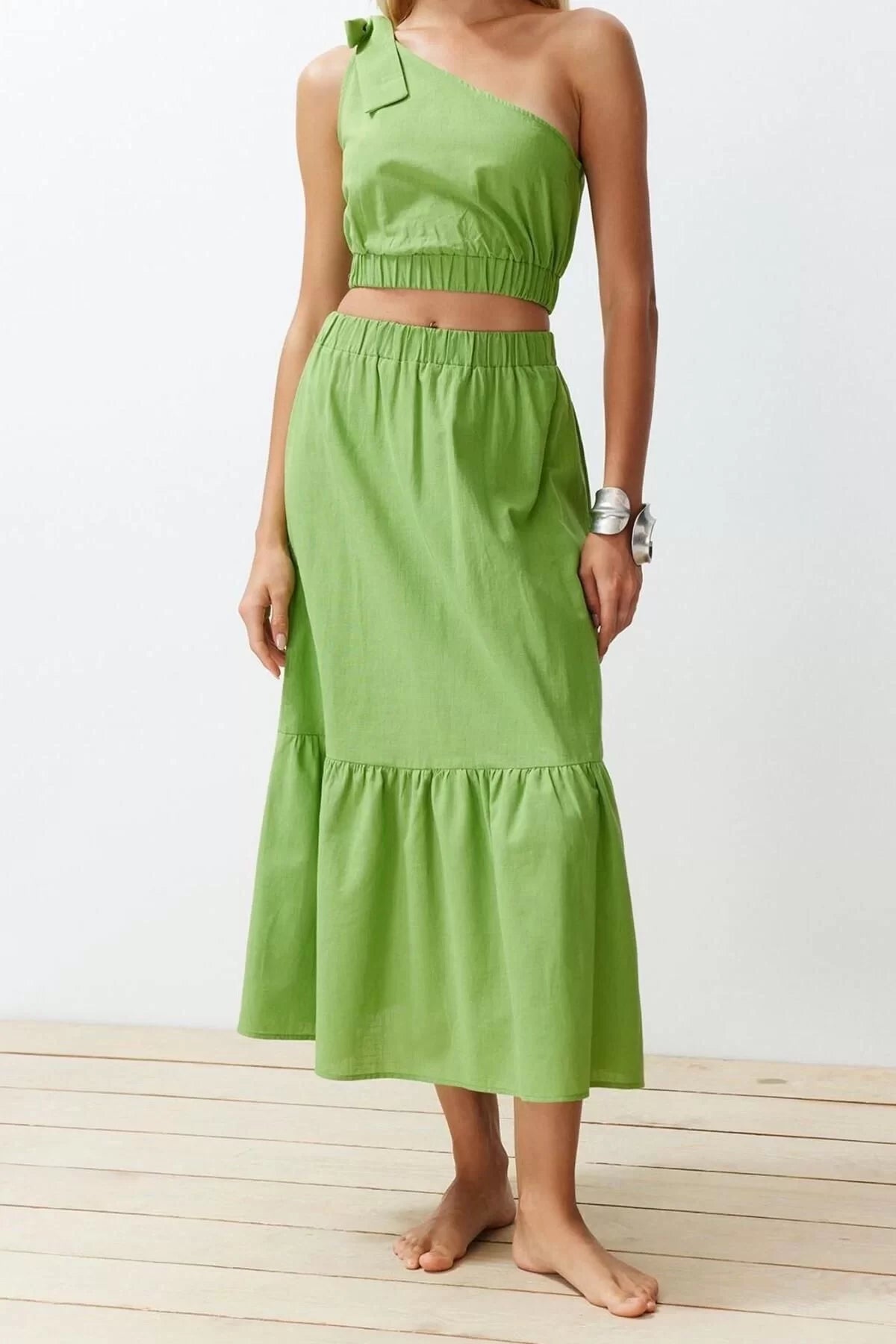 Fashion Woven Plain Halter Strapless Beach Green Woven One Shoulder Blouse Skirt Set