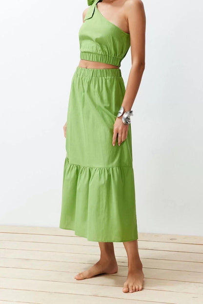 Fashion Woven Plain Halter Strapless Beach Green Woven One Shoulder Blouse Skirt Set