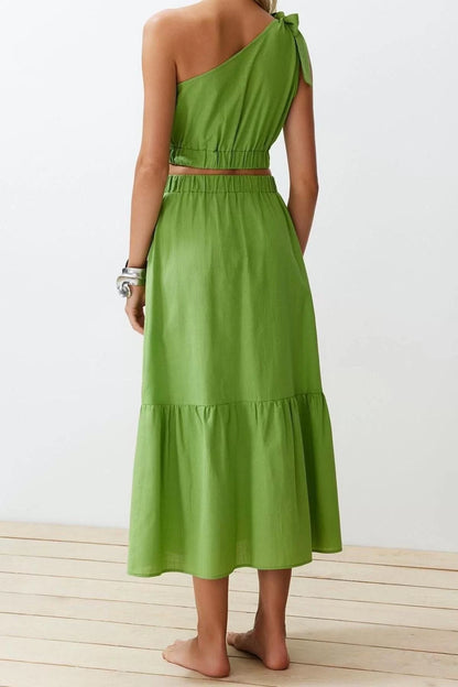 Fashion Woven Plain Halter Strapless Beach Green Woven One Shoulder Blouse Skirt Set