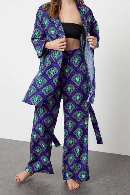 Fashion Woven Plain Shirt Collar Beach Ethnic Patterned Belted Woven Kimono Trouser Set