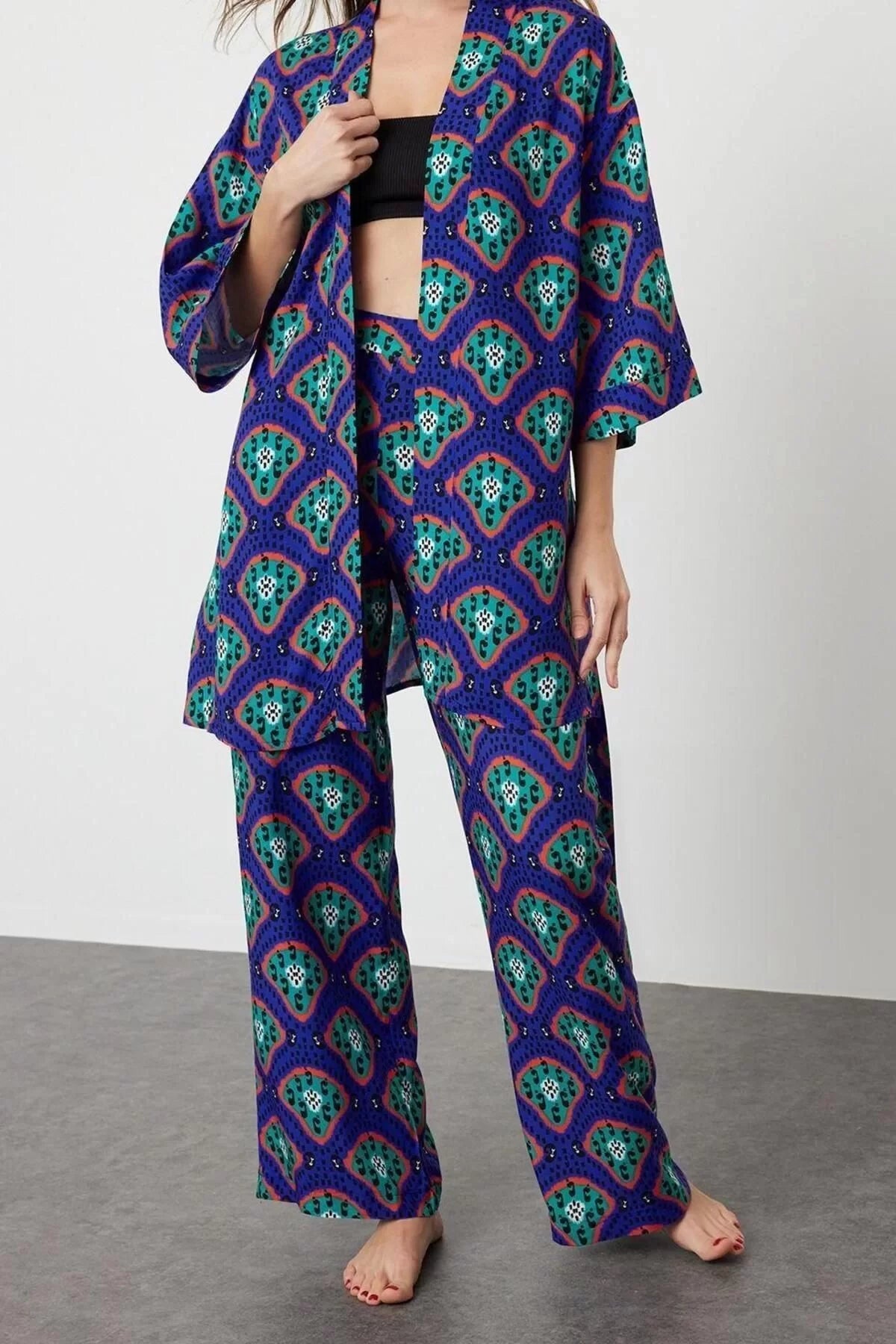 Fashion Woven Plain Shirt Collar Beach Ethnic Patterned Belted Woven Kimono Trouser Set