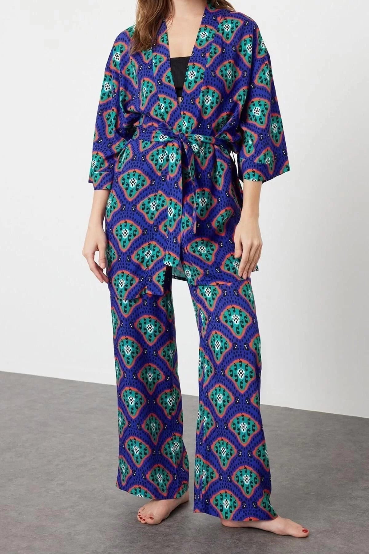 Fashion Woven Plain Shirt Collar Beach Ethnic Patterned Belted Woven Kimono Trouser Set