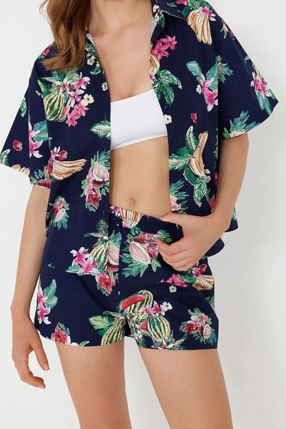 Fashion Woven Plain Shirt Collar Beach Tropical Patterned Woven Shirt Shorts Set