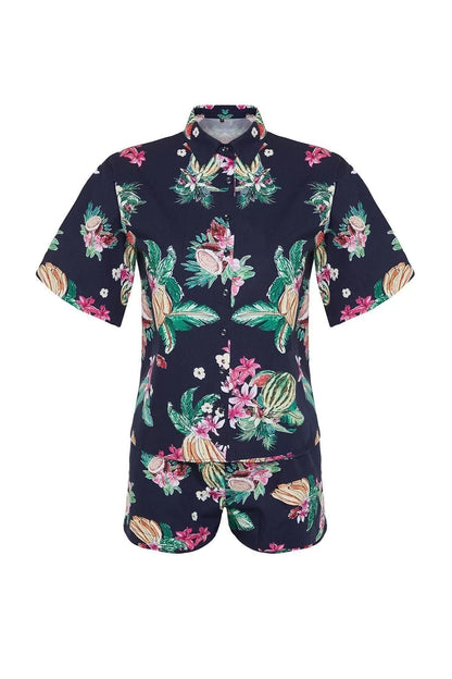 Fashion Woven Plain Shirt Collar Beach Tropical Patterned Woven Shirt Shorts Set