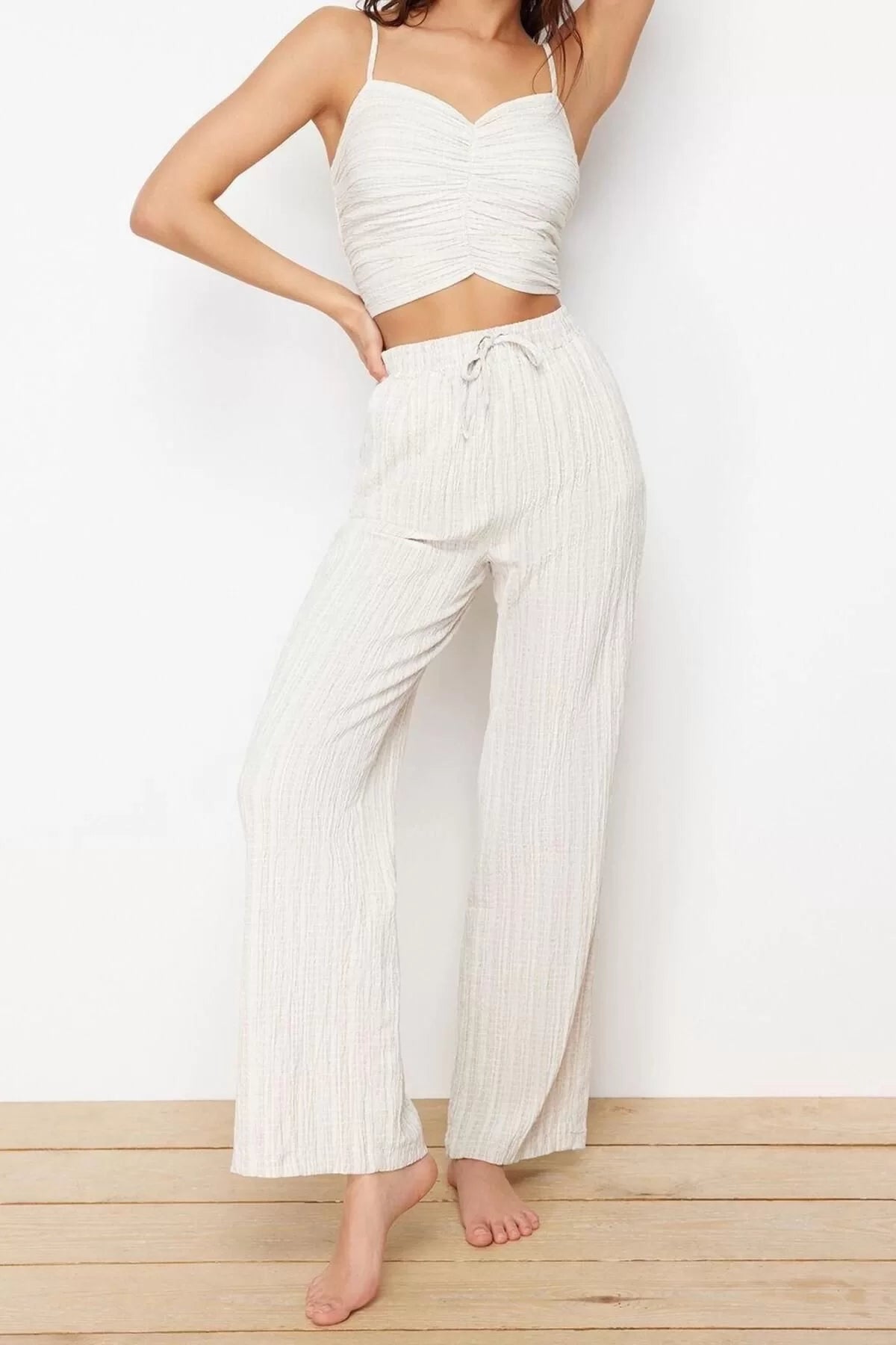 Fashion Woven Plain V Neck Thin Strapped Beach Woven Blouse Trousers Set