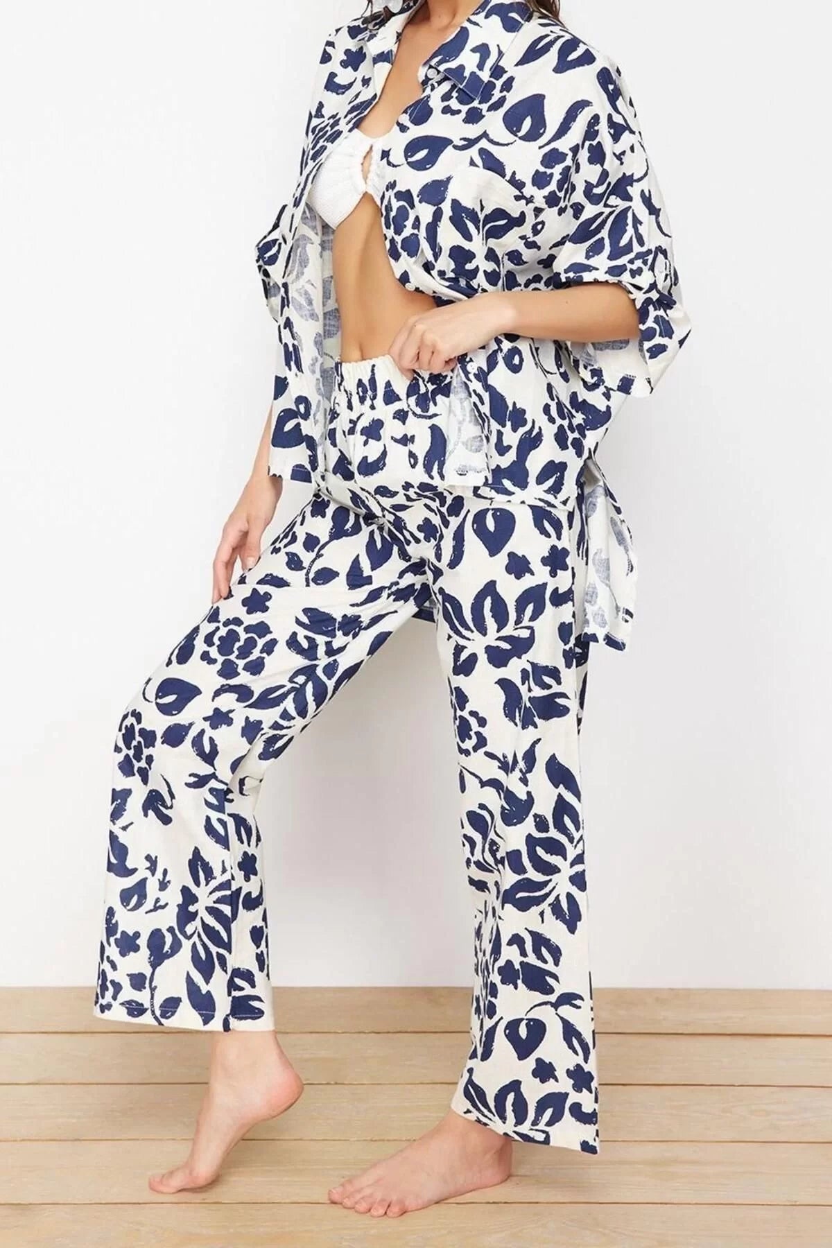 Fashion Woven Floral Shirt Collar Beach Woven Kimono Pants Set