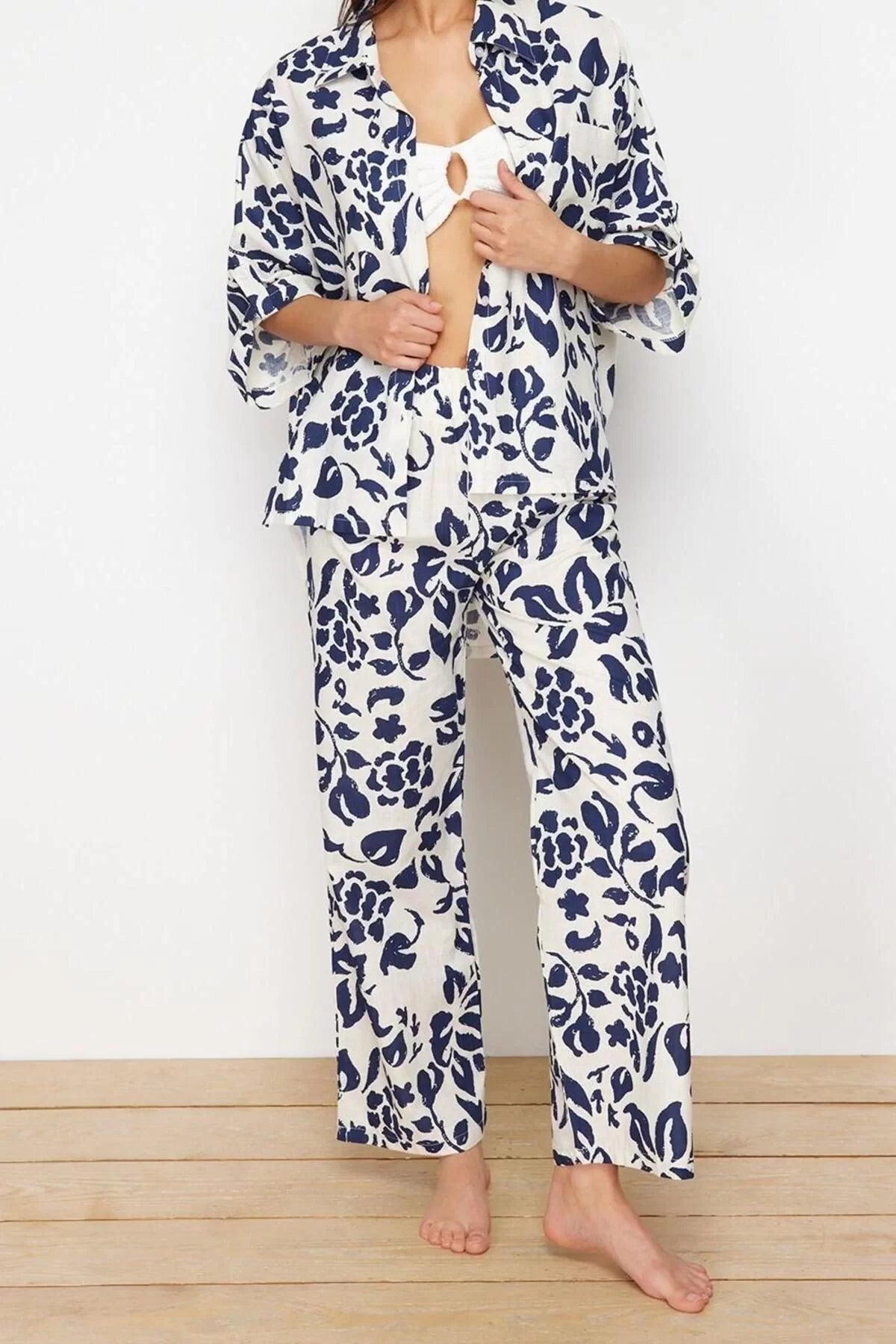 Fashion Woven Floral Shirt Collar Beach Woven Kimono Pants Set